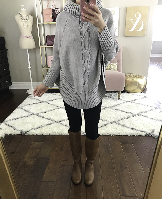 cable knit poncho cognac riding boots fall outfit idea
