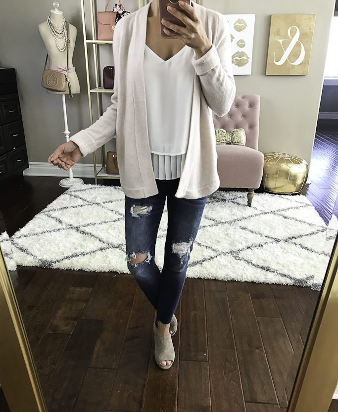 pleated cami blush pink cardigan gray mules distressed jeans casual outfit