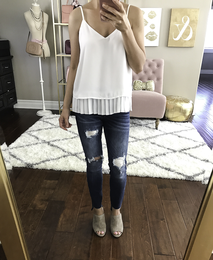 pleated cami distressed step hem jeans taupe mules casual outfit