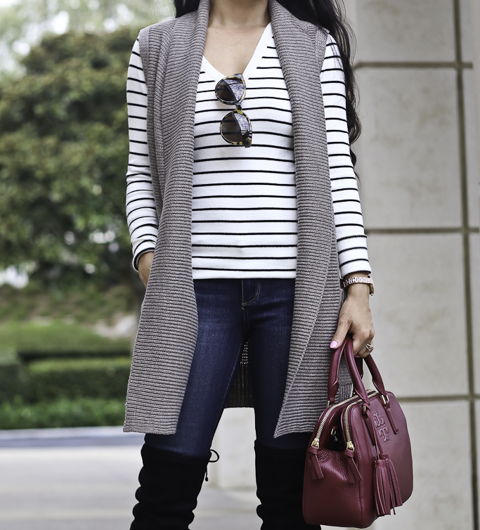 striped sweater fall outfit sweater vest burgundy bag