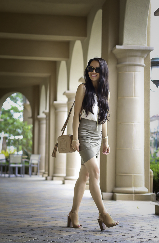 casual summer outfit olive green skirt white camisole