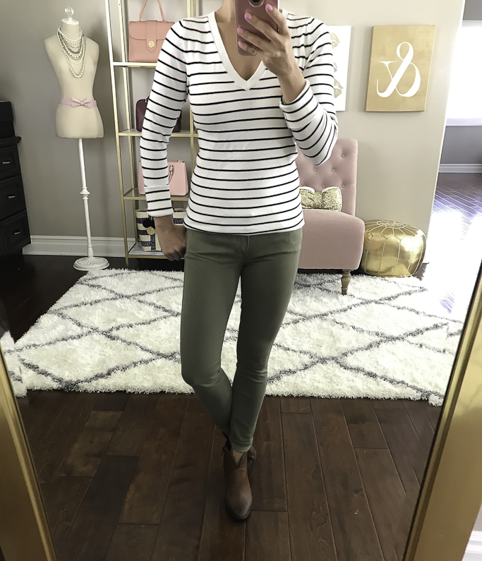 olive green jeans striped sweater cognac booties fall casual outfit