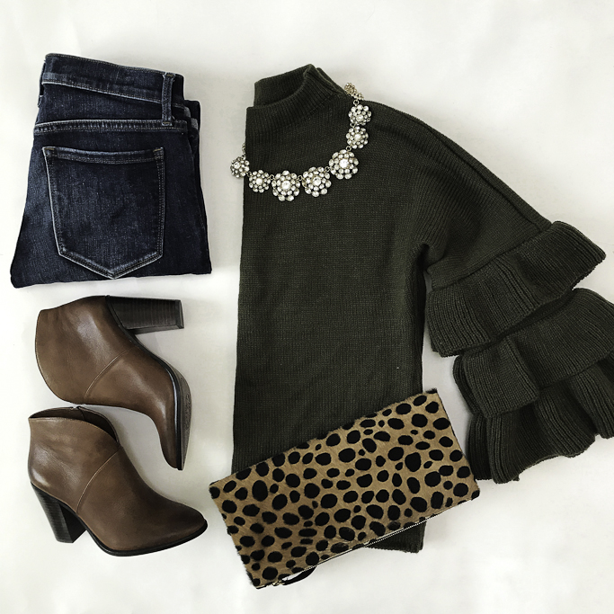 olive green tiered ruffle sleeve sweater skinny jeans cognac booties leopard clutch