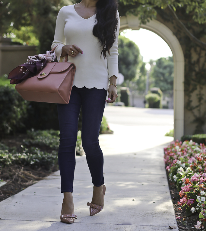 scallop hem sweater bow pumps skinny jeans casual outfit