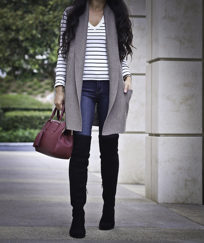 fall outfit sweater vest over the knee boots striped sweater