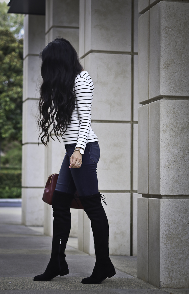 fall outfit over the knee boots striped sweater