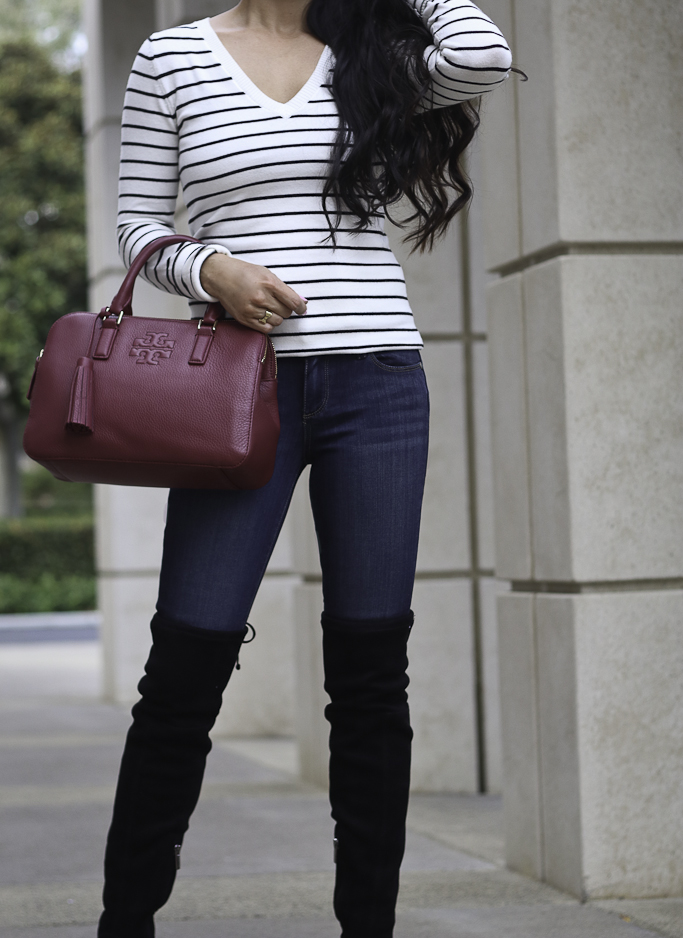 fall outfit over the knee boots striped sweater burgundy bag