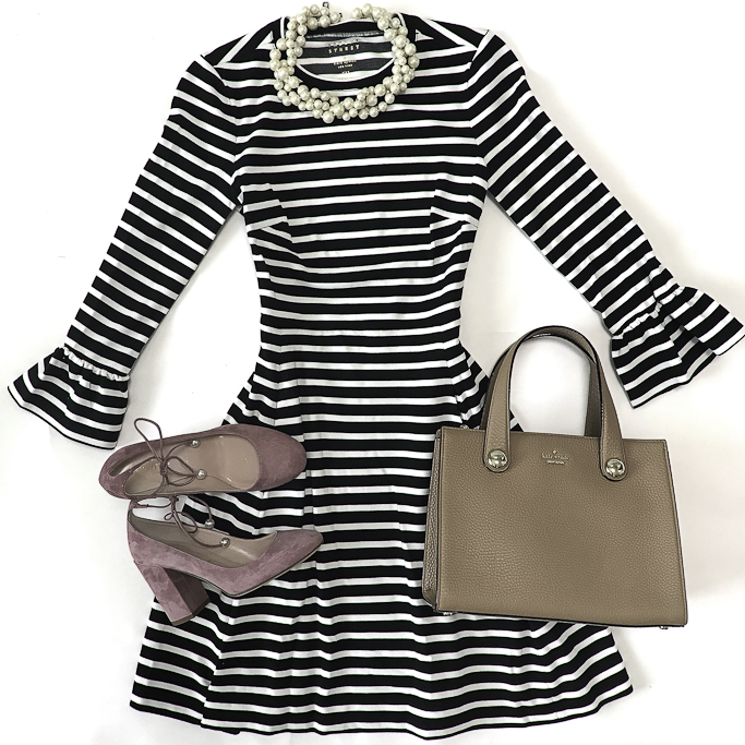 striped dress pink suede pumps camel tote dressy outfit