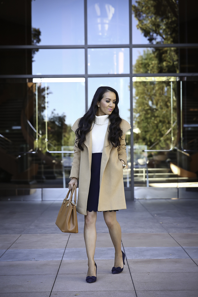 fall business work outfit camel coat scalloped skirt 