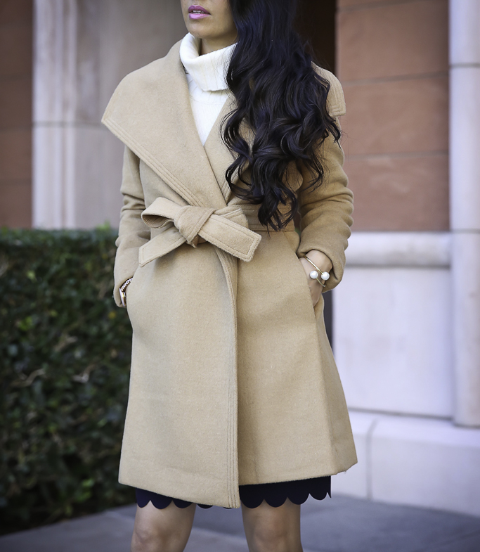 fall business work outfit camel coat scalloped skirt 
