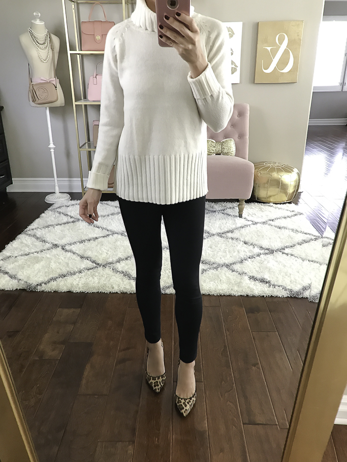 white cashmere wool turtleneck business casual outfit leopard pumps