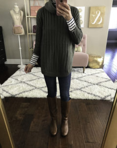 olive green sweater poncho cognac boots striped turtleneck fall outfit