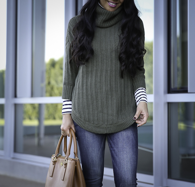 casual fall outfit olive green sweater leopard pumps striped turtleneck