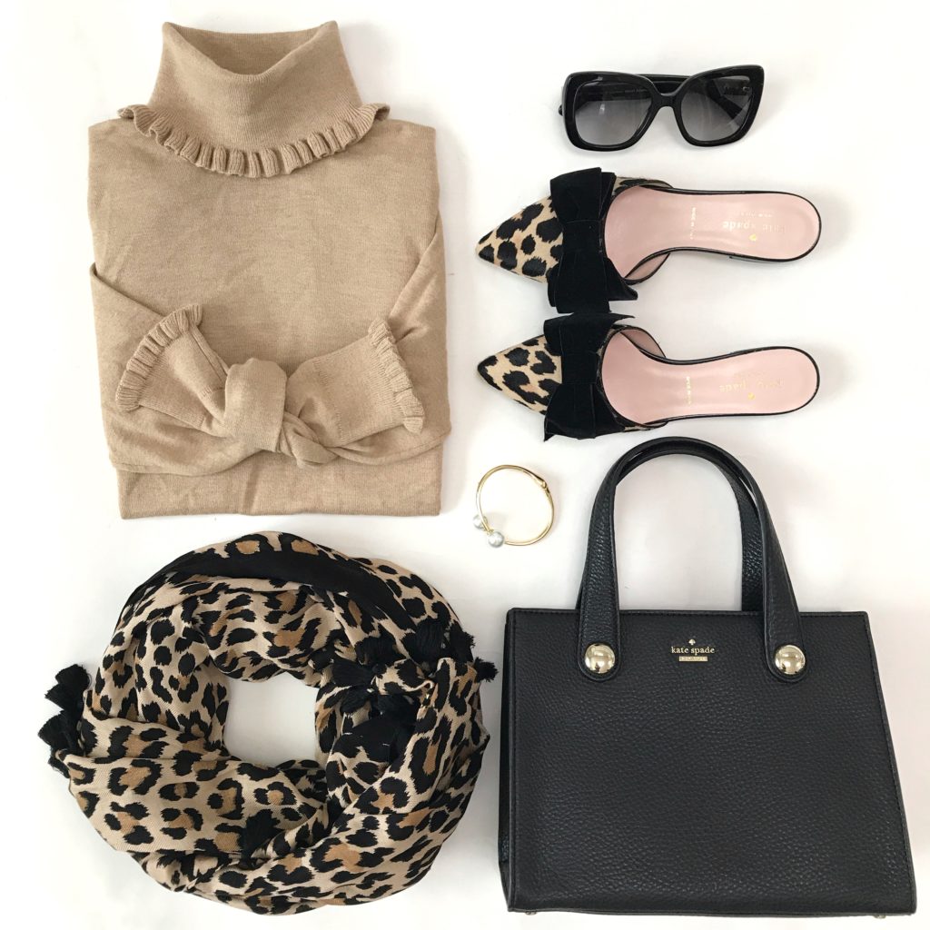 camel black leopard fall work outfit mules leopard scarf mules