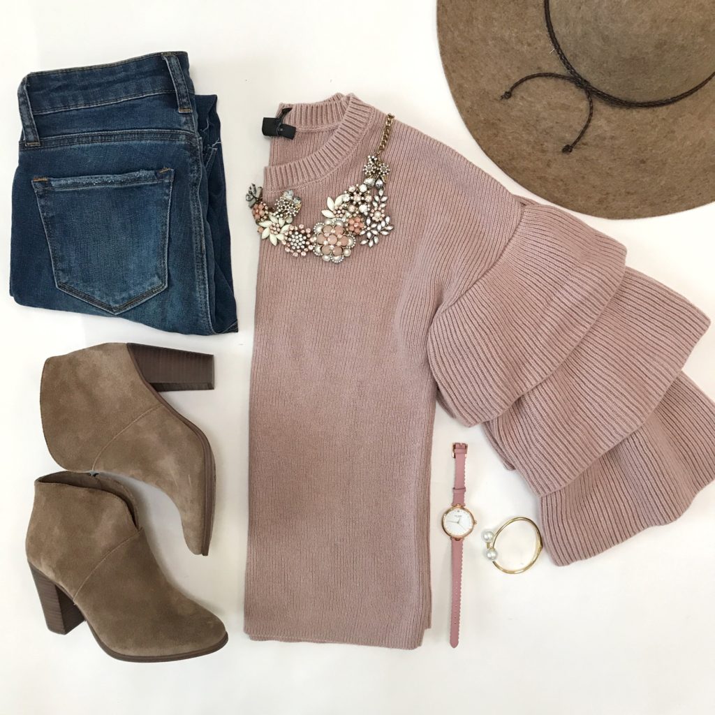 casual fall outfit statement sleeve sweater camel hat