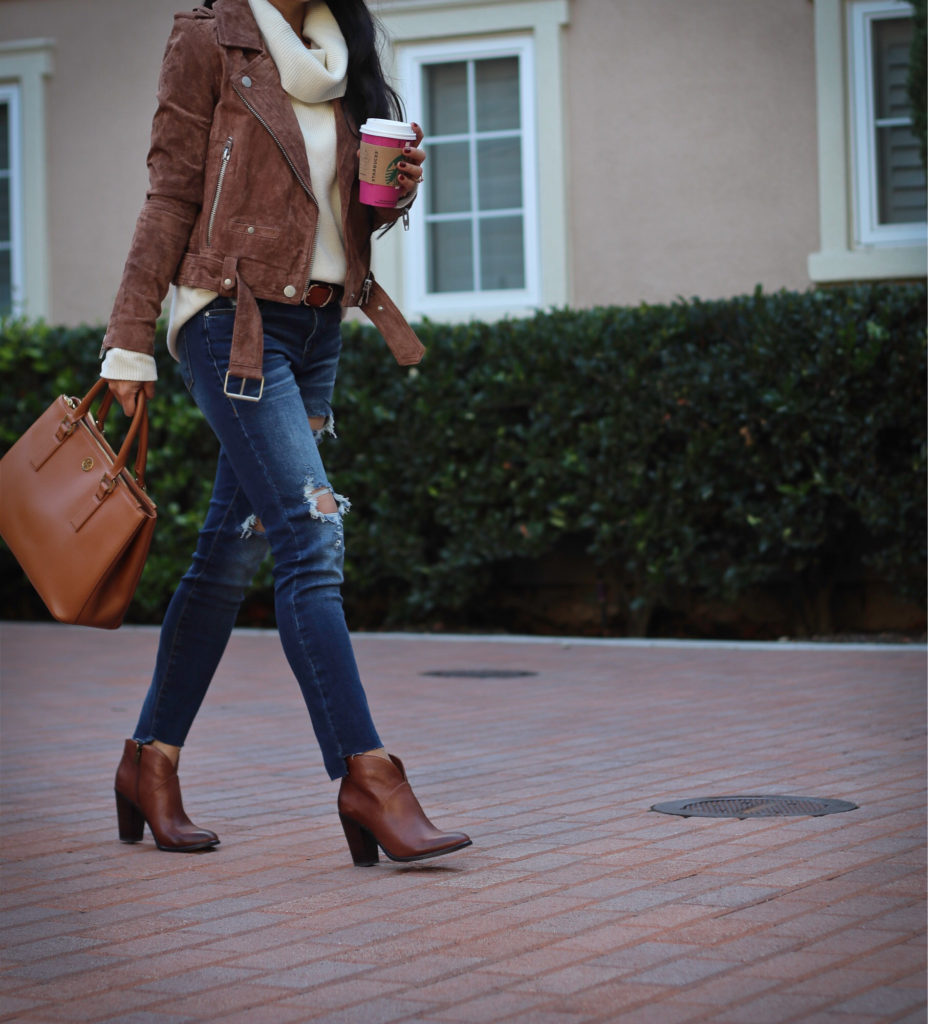 fall outfit casual weekend style step hem jeans moto jacket
