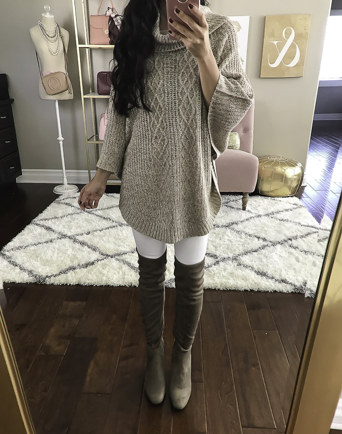 cable knit poncho white jeans taupe brown over the knee OTK boots