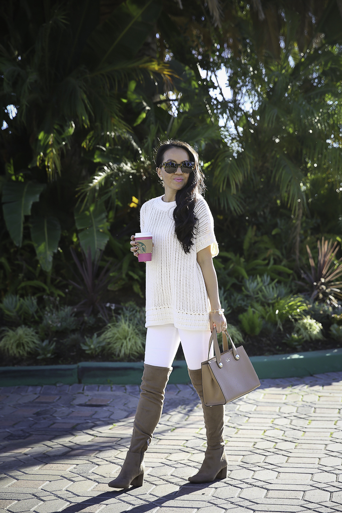 winter white outfit narrow calf over the knee boots chunky knit sweater