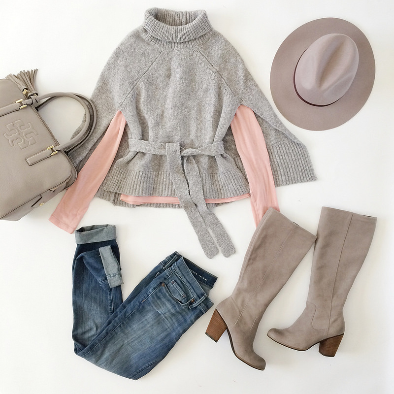 sweater cape gray leather boots petite poncho winter outfit