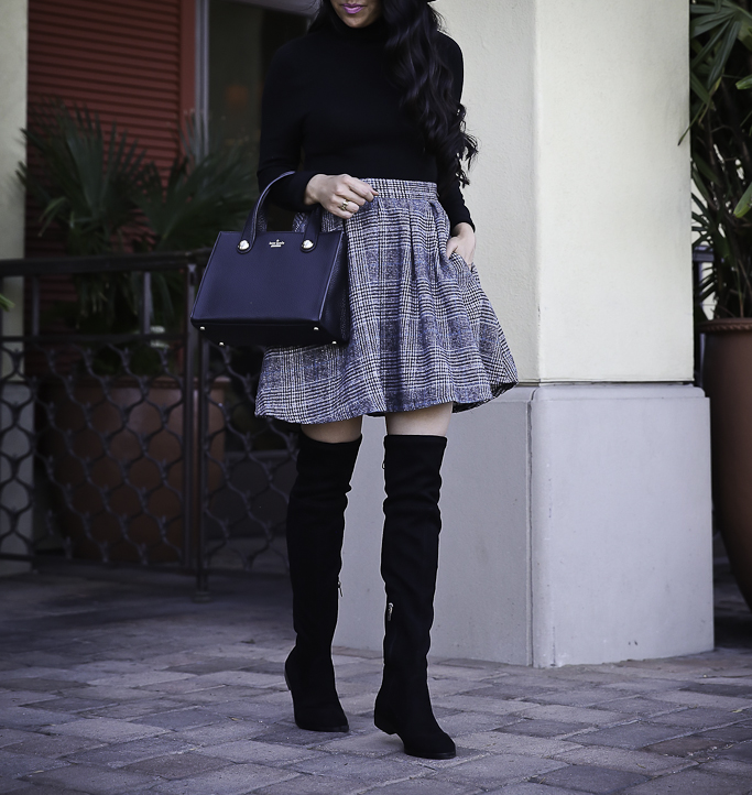 plaid skirt black over the knee boots winter outfit gray wool hat