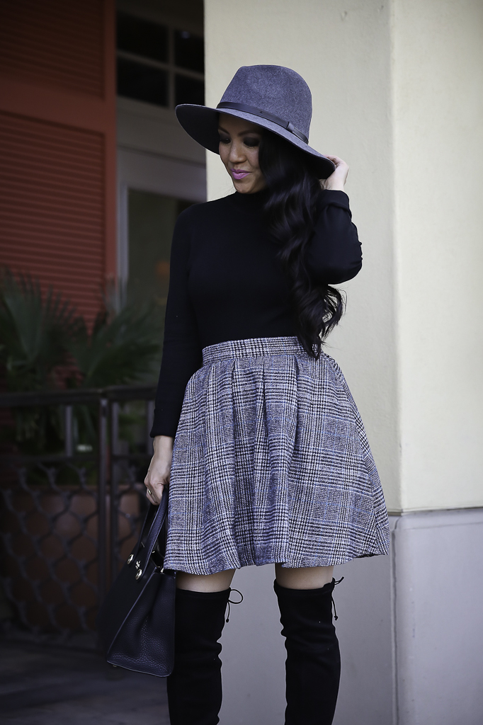 plaid skirt black over the knee boots winter outfit gray wool hat