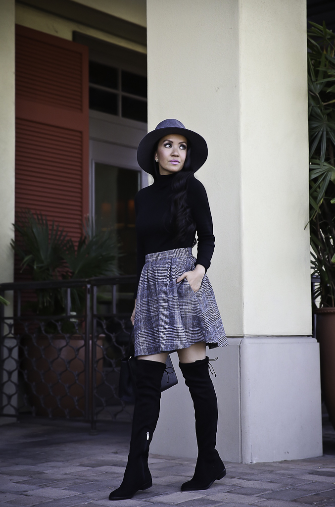 plaid skirt black over the knee boots fall outfit gray wool hat