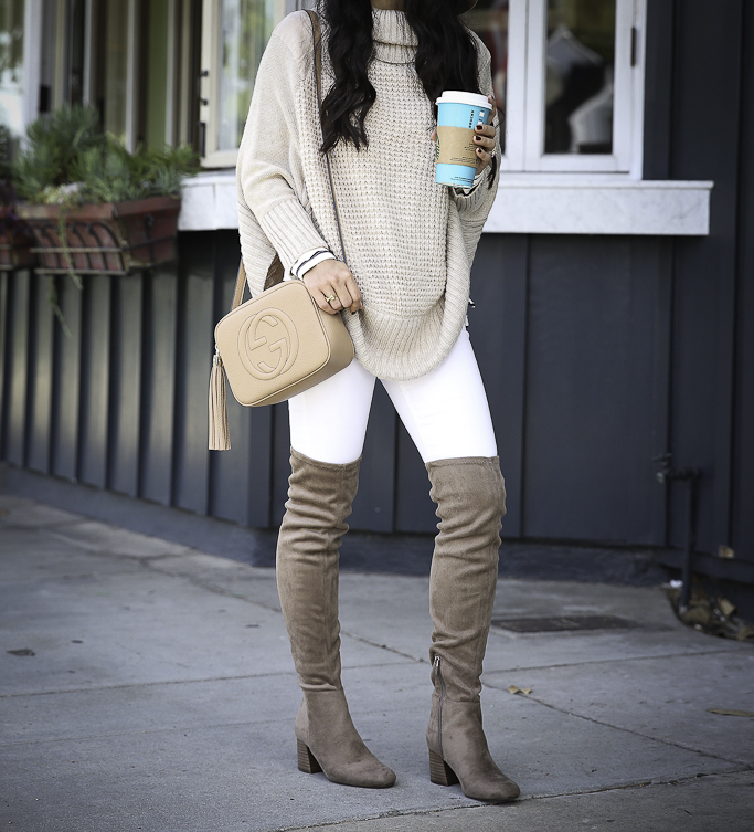petite cable knit poncho over the knee boots neutral fall outfit