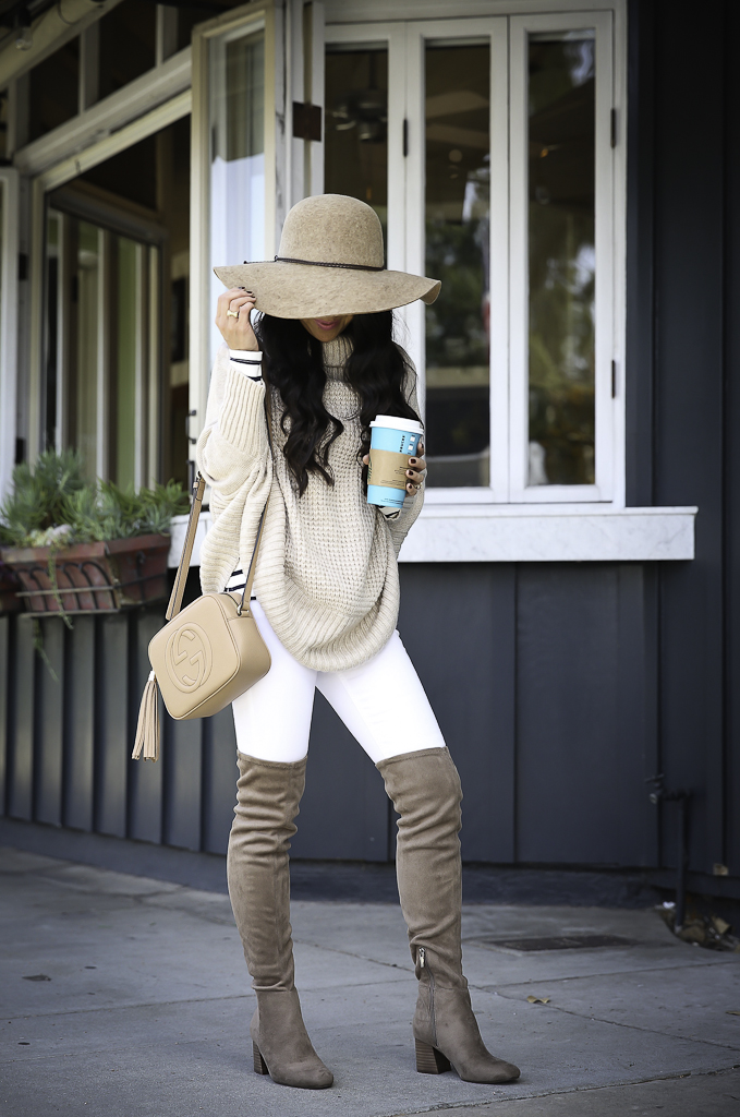 petite cable knit poncho over the knee boots neutral fall outfit
