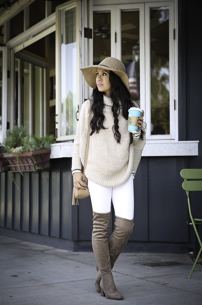 petite cable knit poncho over the knee boots neutral fall outfit