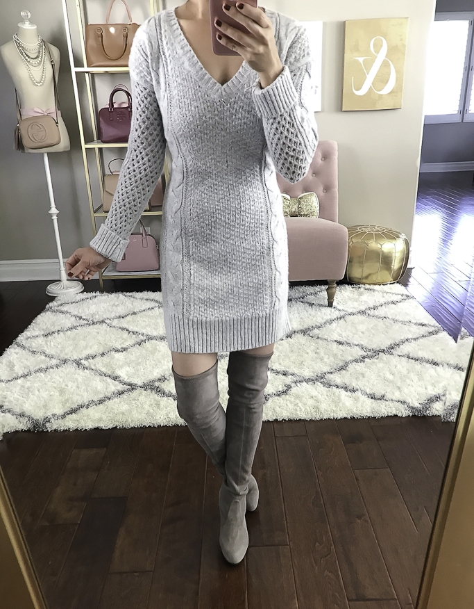 gray sweater dress over the knee OTK boots winter outfit idea