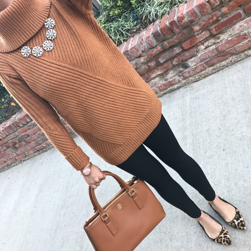 chunky knit sweater leopard flats fall outfit idea black ponte pants