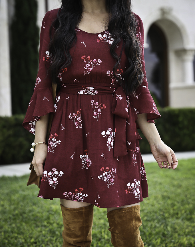 burgundy floral wrap dress thanksgiving holiday party outfit idea