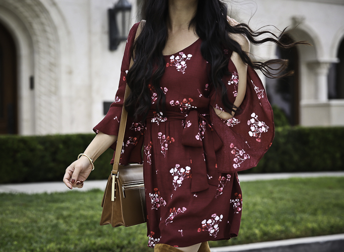 burgundy floral wrap dress thanksgiving holiday party outfit idea