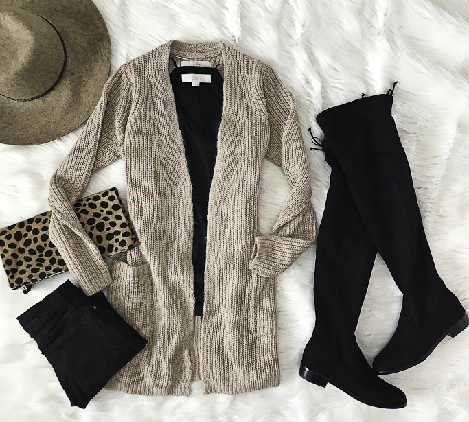 black over the knee boots leopard clutch black jeans fall outfit idea