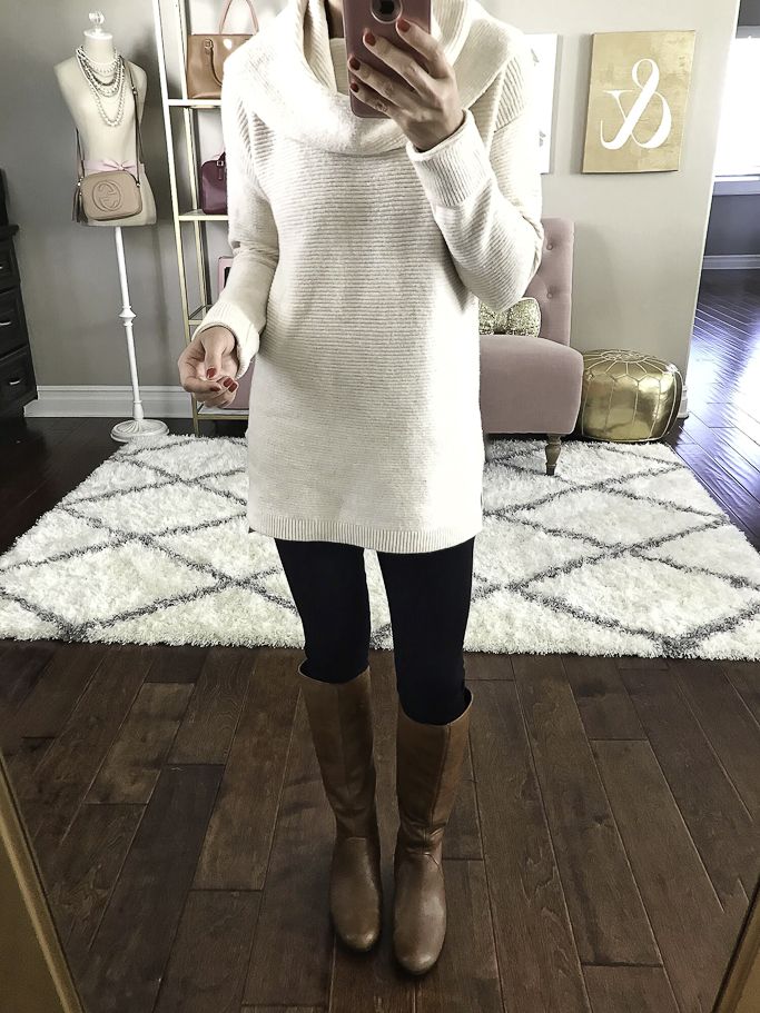 cowl neck tunic sweater casual fall outfit cognac boots 