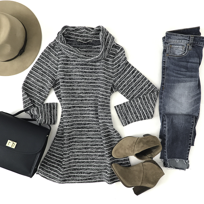 striped cowl neck sweater navy leather crossbody casual fall outfit
