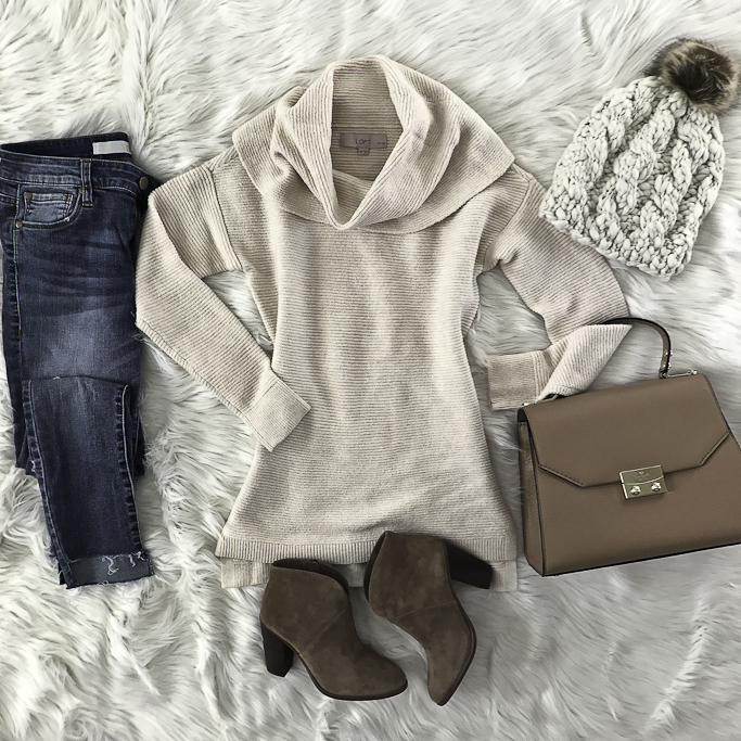 chunky cable knit hat cowl neck tunic sweater ankle booties fall outfit