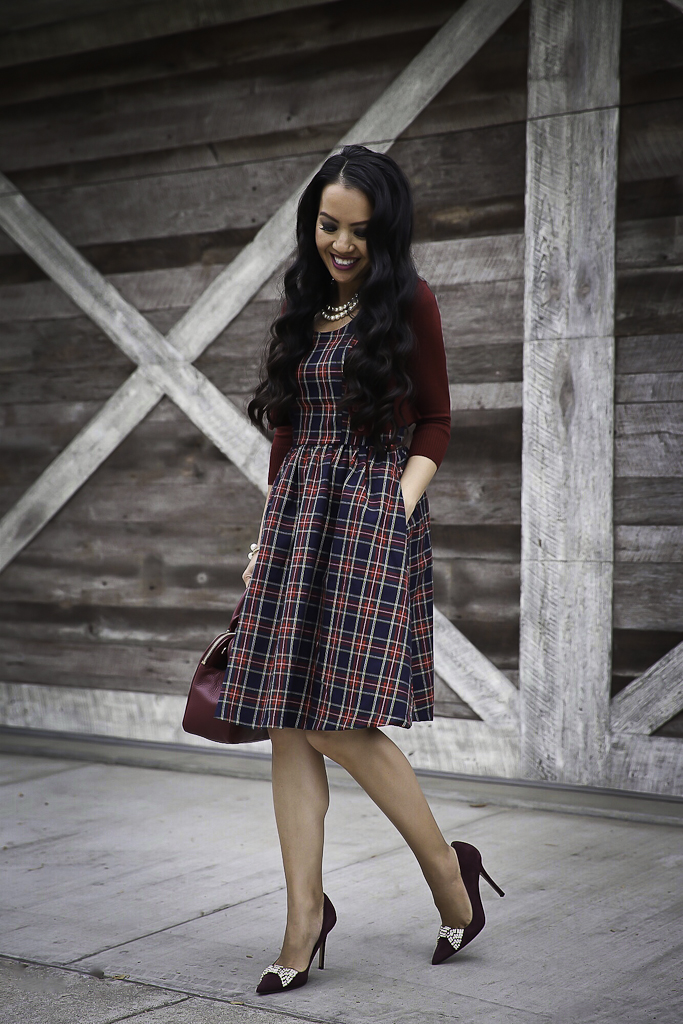 holiday outfit idea plaid dress with pockets cropped cardigan bow pumps 