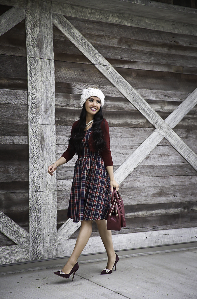 plaid dress cable knit beanie cropped sweater holiday outfit idea