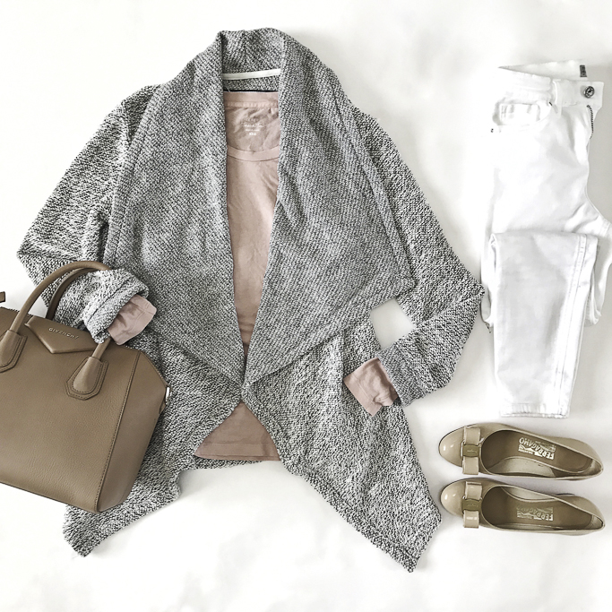 drapey cardigan casual weekend outfit bow pumps white jeans