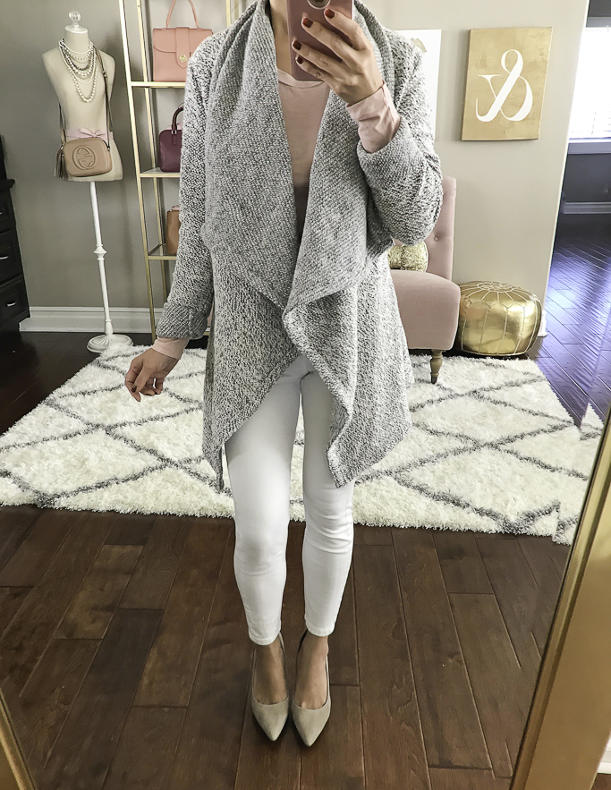 white jeans tweed drapey cardigan taupe pumps casual weekend outfit