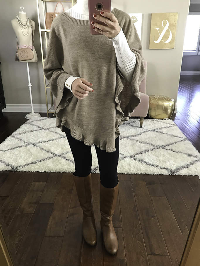 ruffle poncho petite weekend outfit casual fall outfit idea cognac riding boots