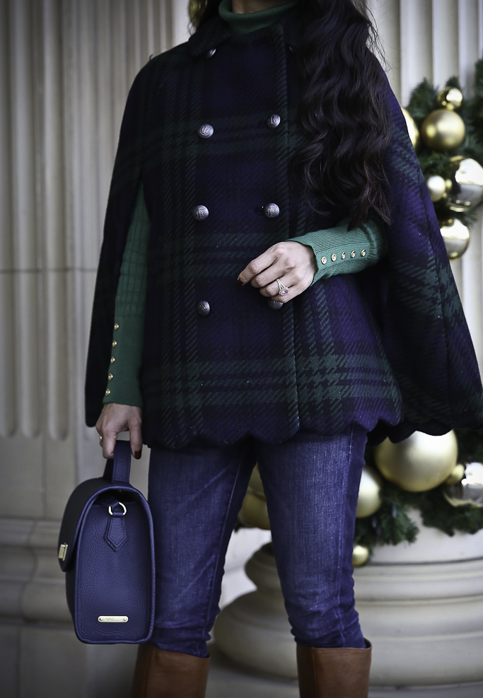 plaid scallop hem cape poncho winter outfit idea holiday style