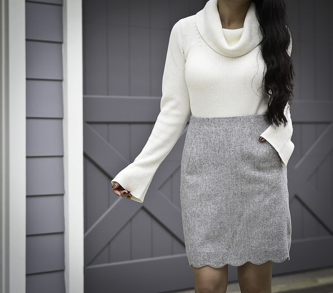 tweed scallop hem skirt chunky knit sweater classy work outfit 