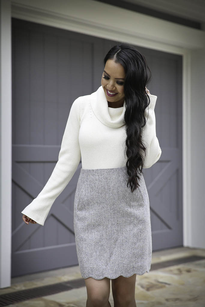 tweed scallop hem skirt chunky knit sweater classy work outfit gray pumps