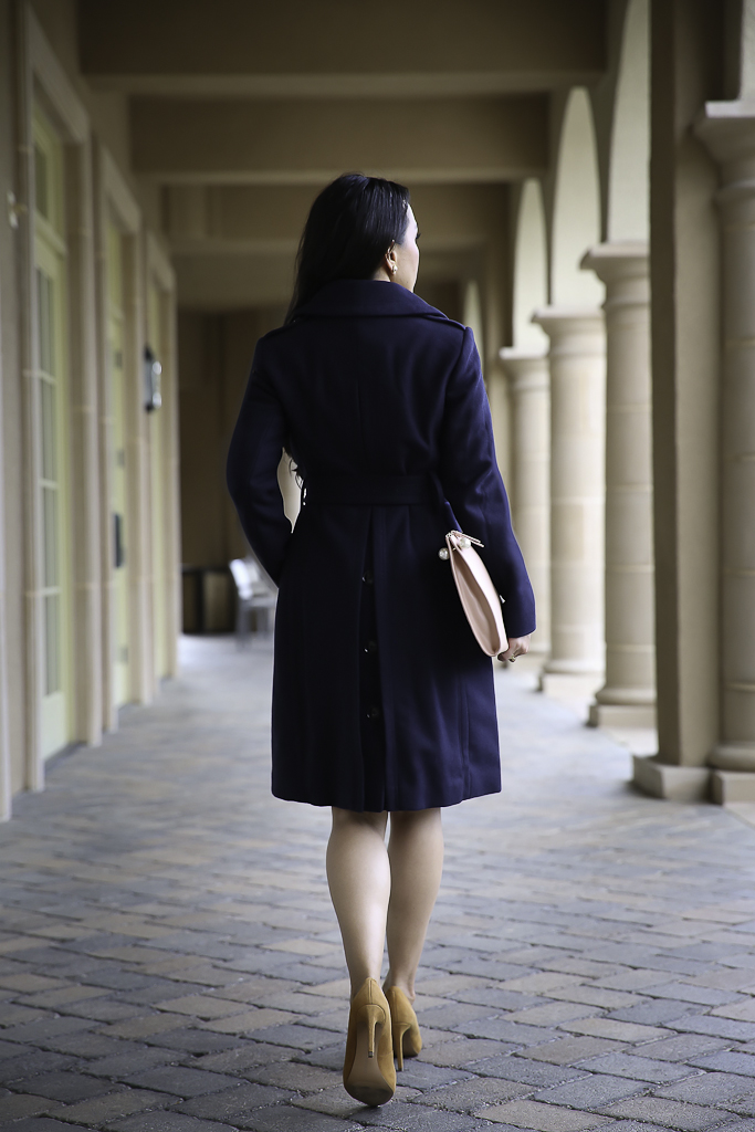 bell sleeve top navy pencil skirt fall work outfit blush clutch navy wool coat