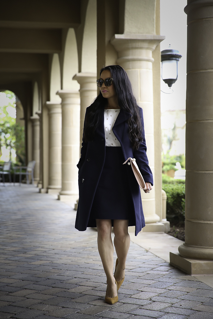 bell sleeve top navy pencil skirt fall work outfit blush clutch