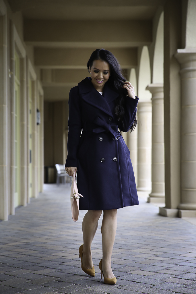 bell sleeve top navy pencil skirt fall work outfit blush clutch navy wool coat