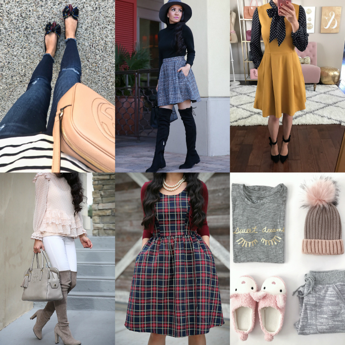 fall outfits plaid dress bow flats lace top bunny slipper pompom beanie