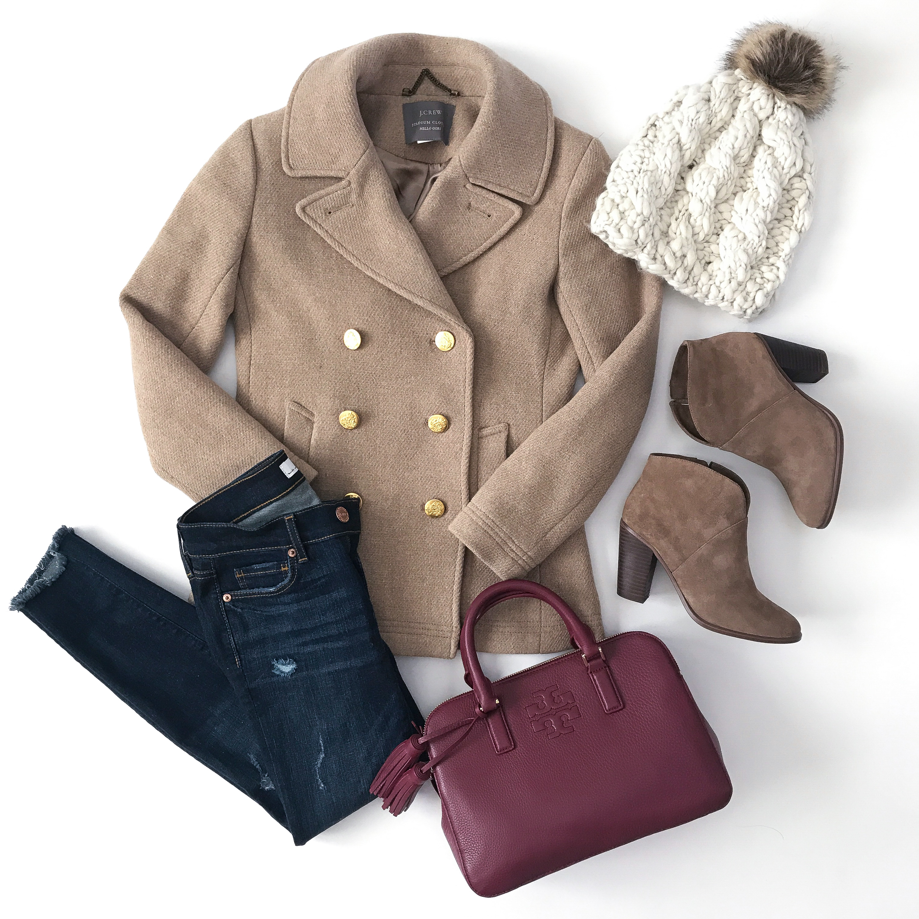 winter outfit idea majesty coat cable knit beanie franell bootie